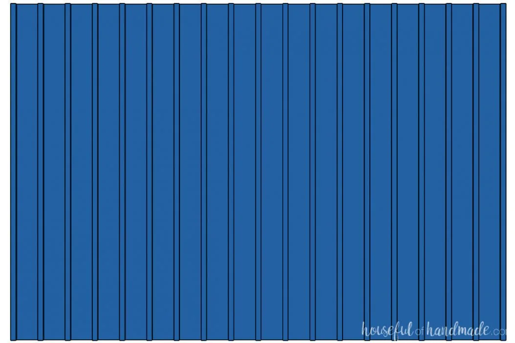 3D drawing of a full wall board and batten design with thin vertical boards and no horizontal boards. 