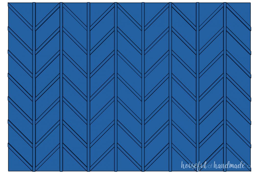 3D drawing of a chevron board and batten wall design. 
