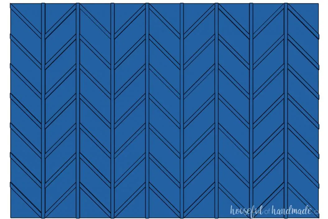 3D drawing of a chevron board and batten wall design. 