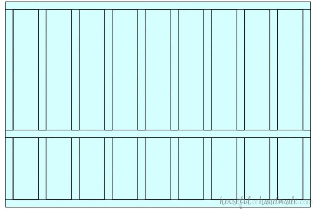 3D drawing of a full wall board and batten design with 3 horizontal boards, the middle one at chair rail height.