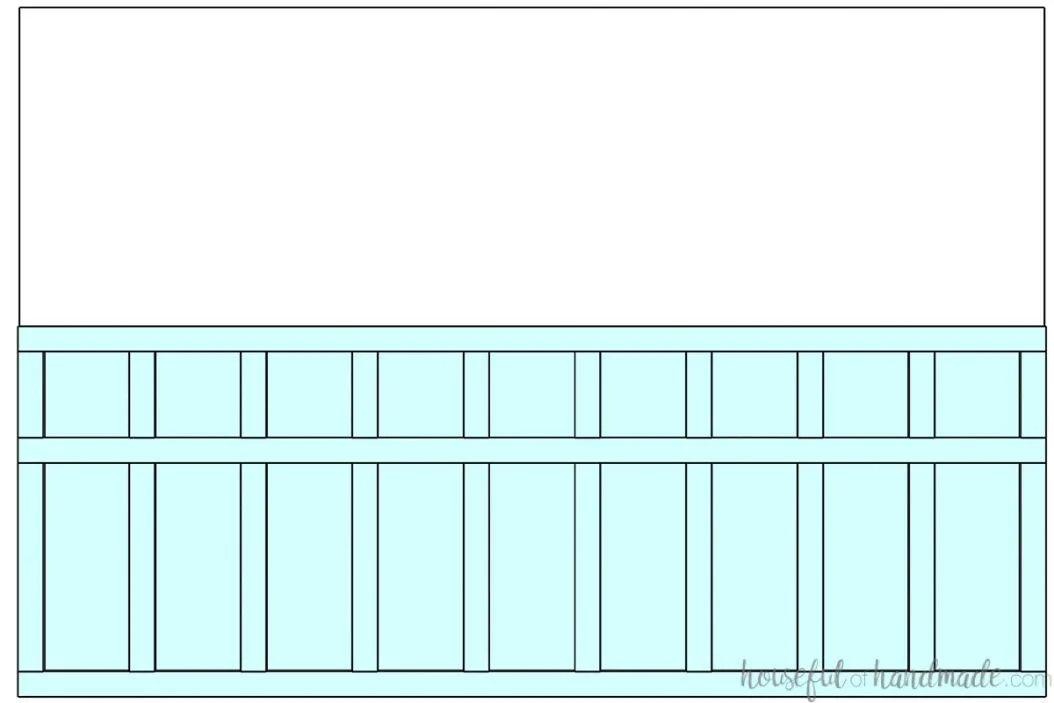 3D drawing of a half wall board and batten design with a third horizontal board to add cubes to the top of the design. 