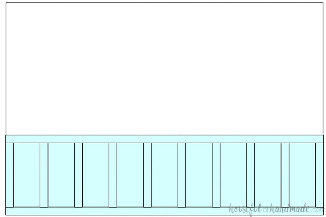 3D drawing of a traditional board and batten design on only the bottom third of the wall. 