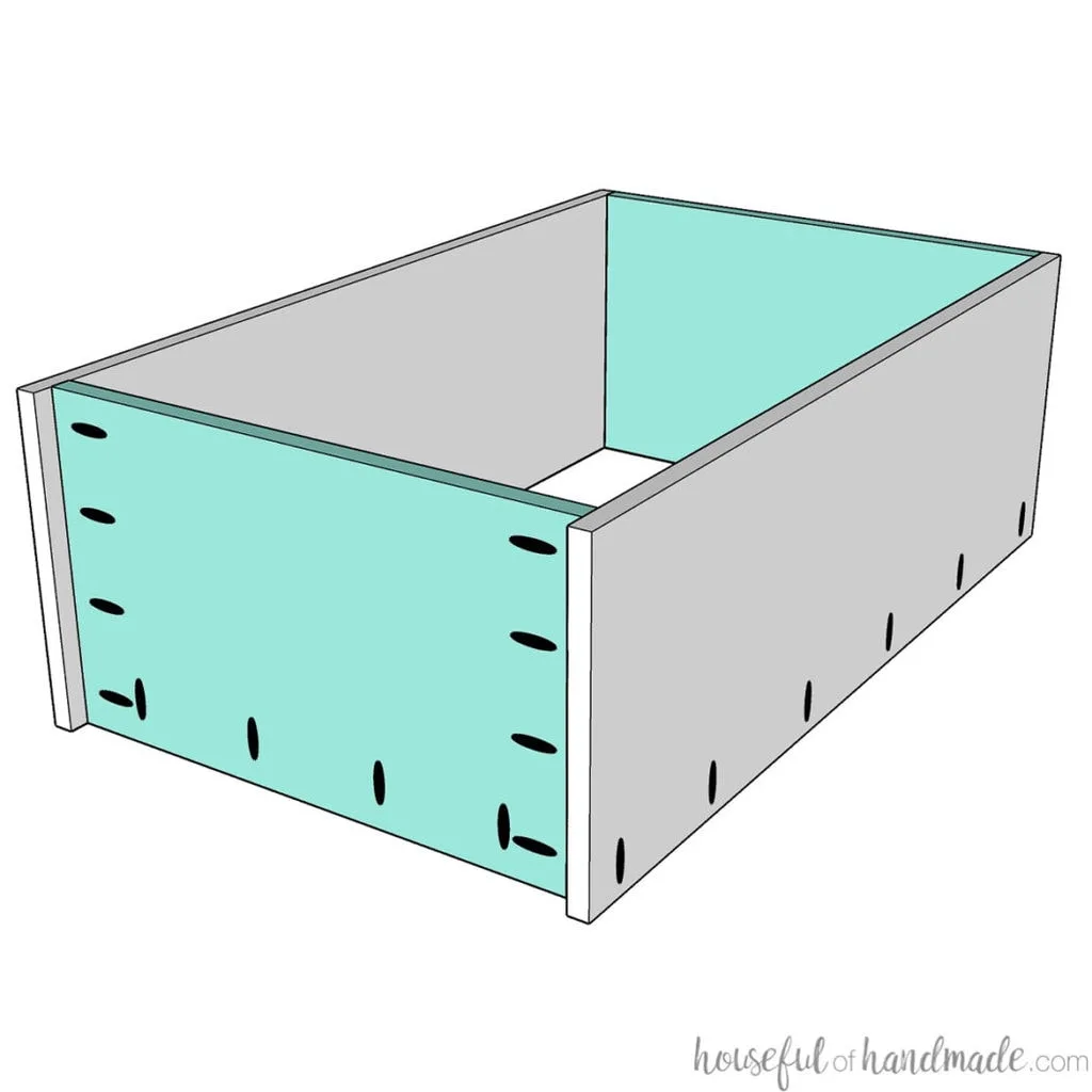 3D sketch of the top and bottom pieces of the wall cabinet attached to the sides with pocket holes.