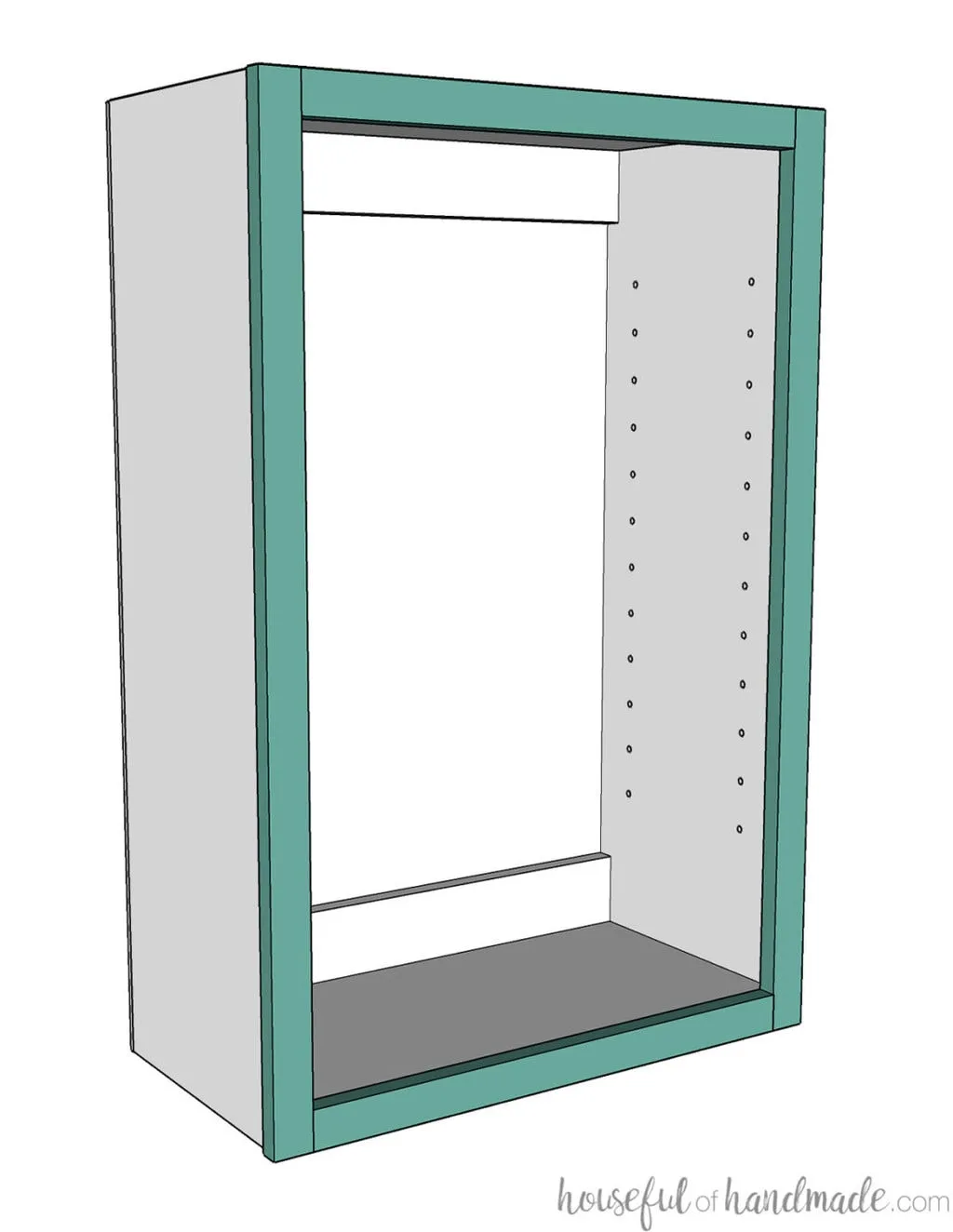 3D drawing of wall cabinet with holes for shelf pins in the side.