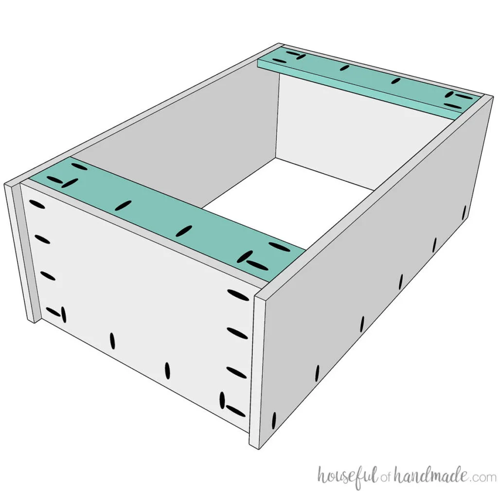 3D drawing of the support pieces being attached to the wall cabinet.