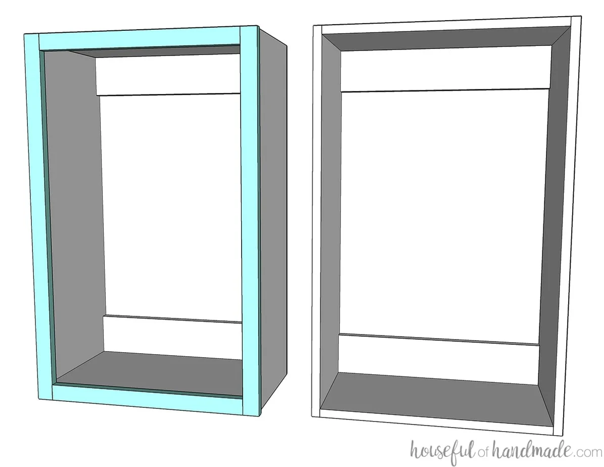 3D drawing of a face frame wall cabinet and a frameless wall cabinet. 