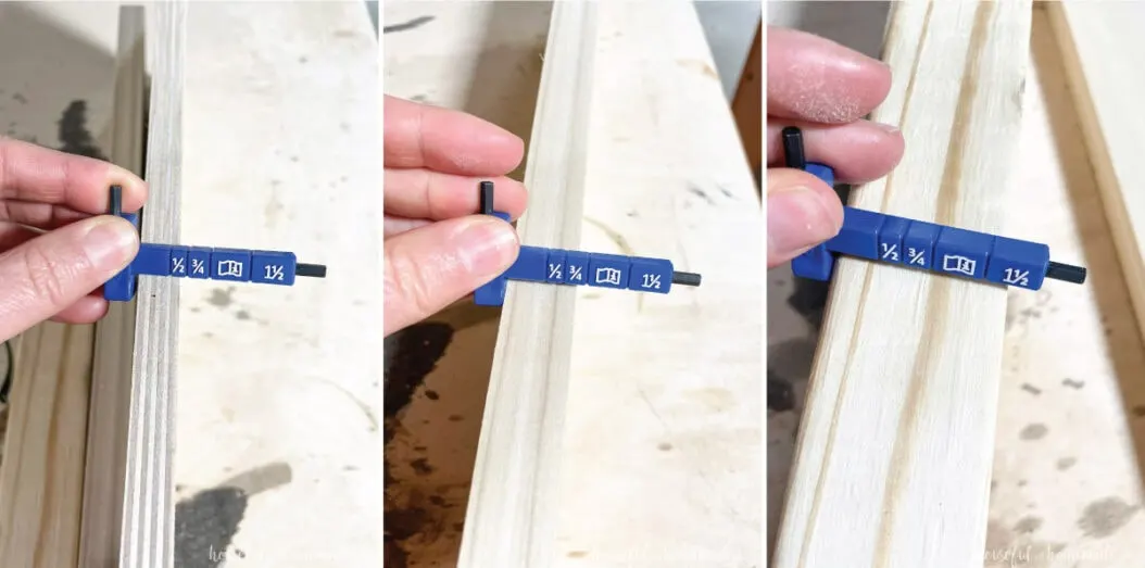 The material thickness gauge from the new Kreg jig being used to measure 3 different sized boards. 