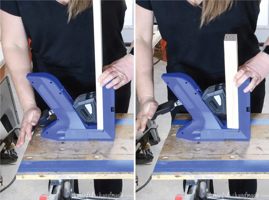 Two pictures showing the Kreg 720 pocket hole jig clamped on two different thicknesses of wood.