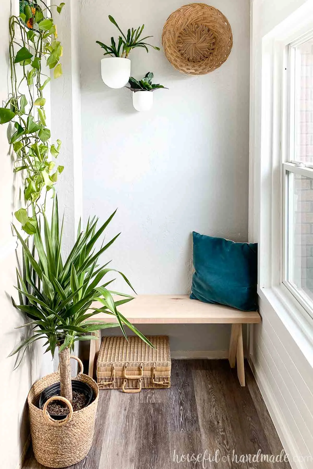 Entry nook with lots of houseplants hanging around the DIY bench with a wicker suitcase tucked underneath.