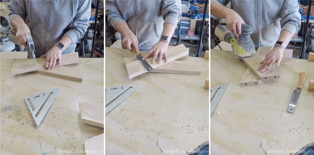 Three pictures showing glueing in the dowel to fill the hole for the screws, flush cutting the excess off, and sanding it smooth on the bench legs. 