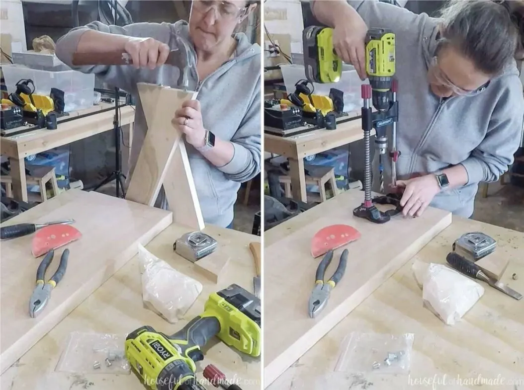 Two pictures showing tapping in dowel centering points to line up the location of the legs on the bench top and drilling the holes in the bottom of the bench top.