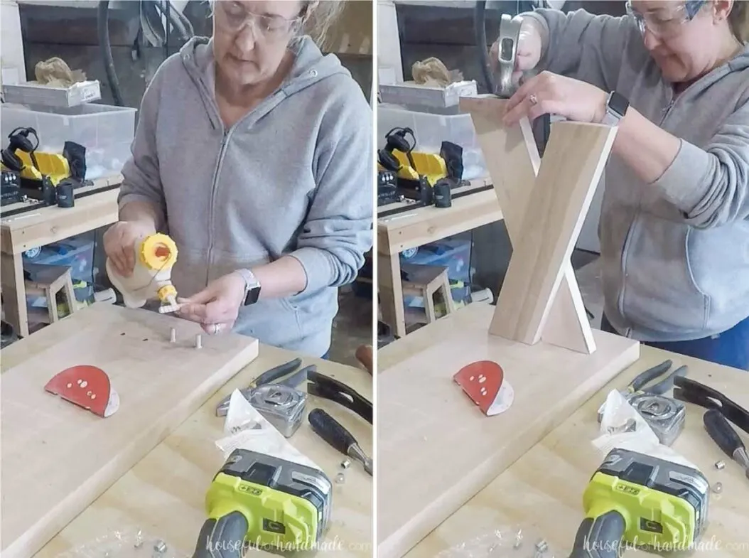 Two pictures showing glueing in the dowel pins and tapping the x-leg into place on the pins. 