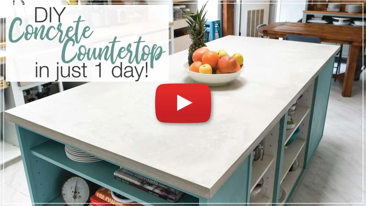 Concrete countertop video thumbnail with YouTube play button on the top. 