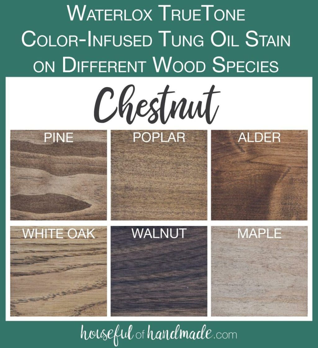 TrueTone color infused tun oil in Chestnut tested on 6 different wood species. 