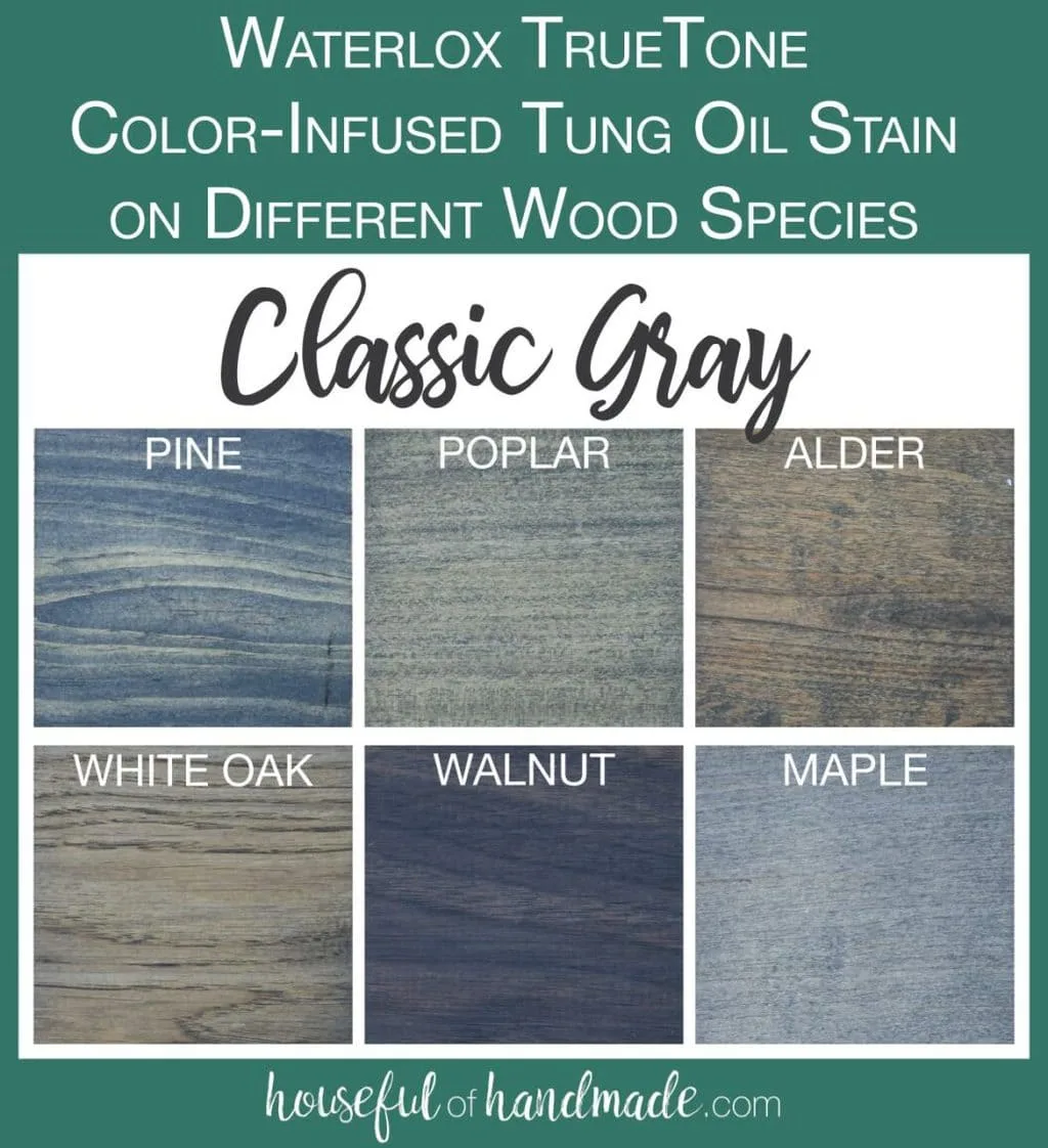TrueTone color infused tun oil in Classic Gray tested on 6 different wood species. 