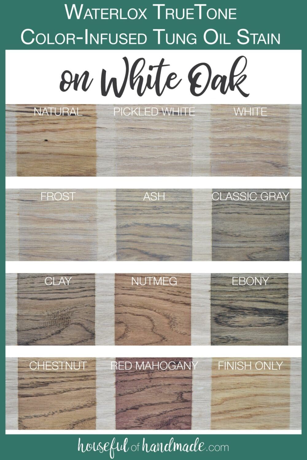 11 colors of the TrueTone color infused tun oil tested on white oak boards. 