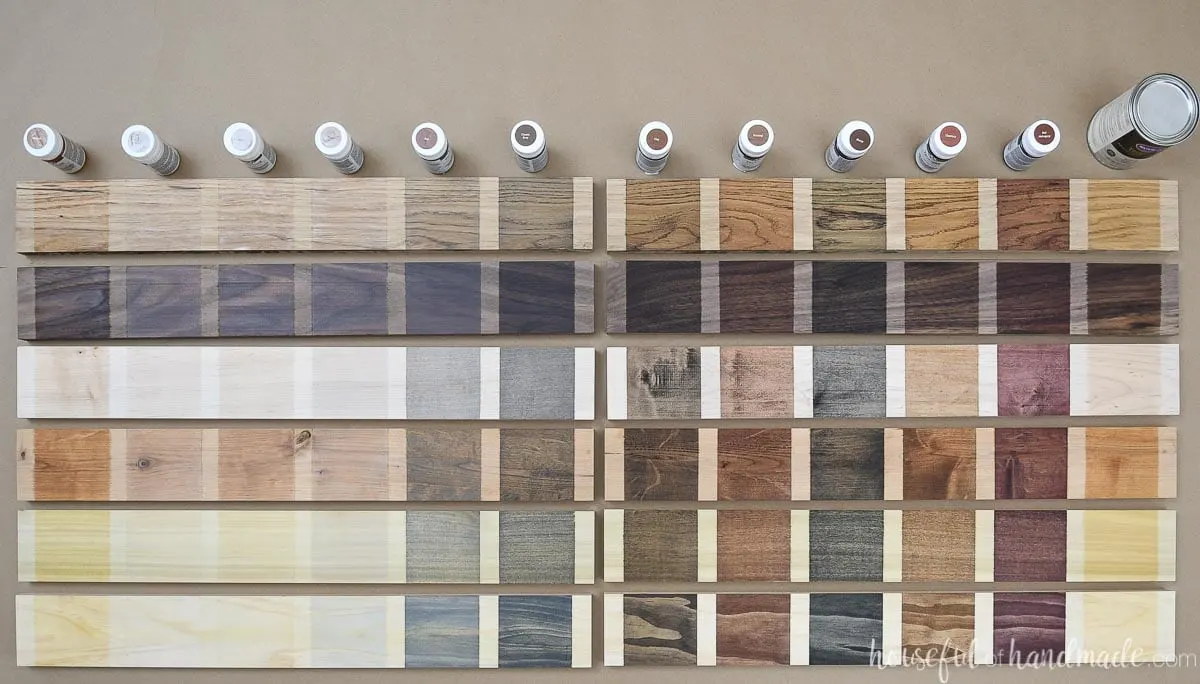 Six different wood species with boxes stained with the 11 different TrueTone color infused tung oils from Waterlox. 