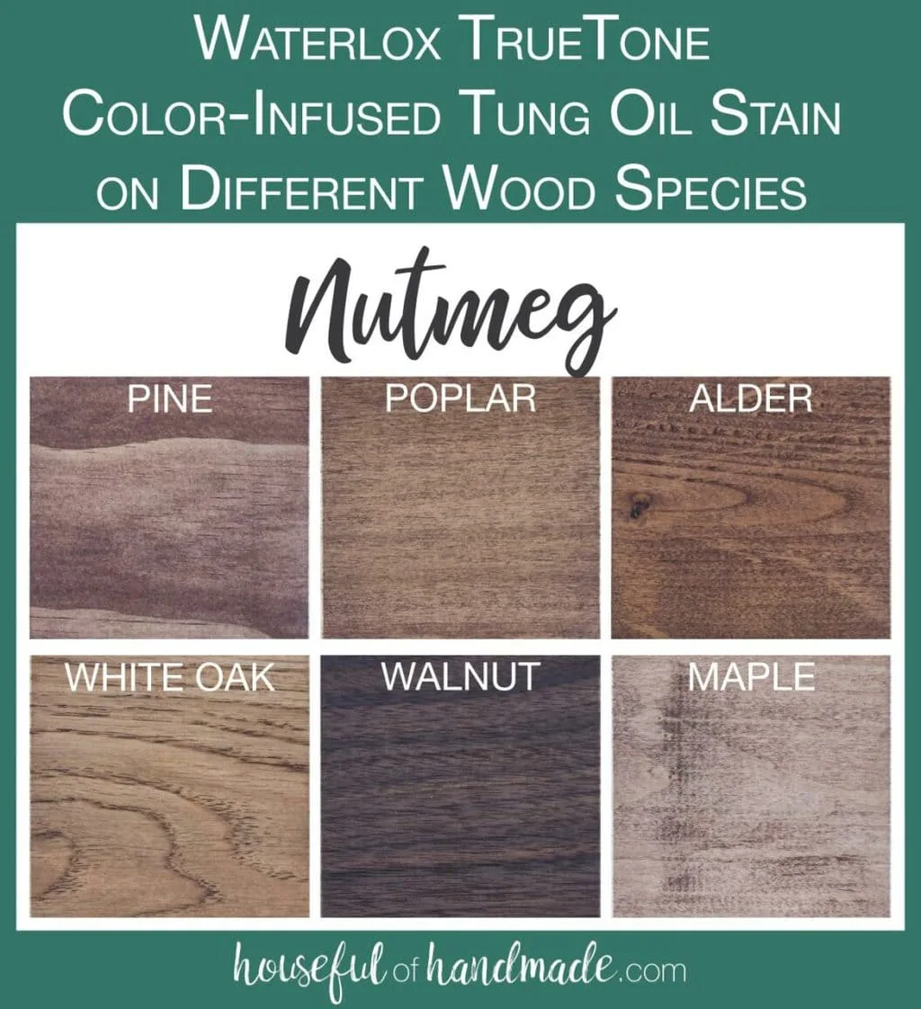 TrueTone color infused tun oil in Nutmeg tested on 6 different wood species. 