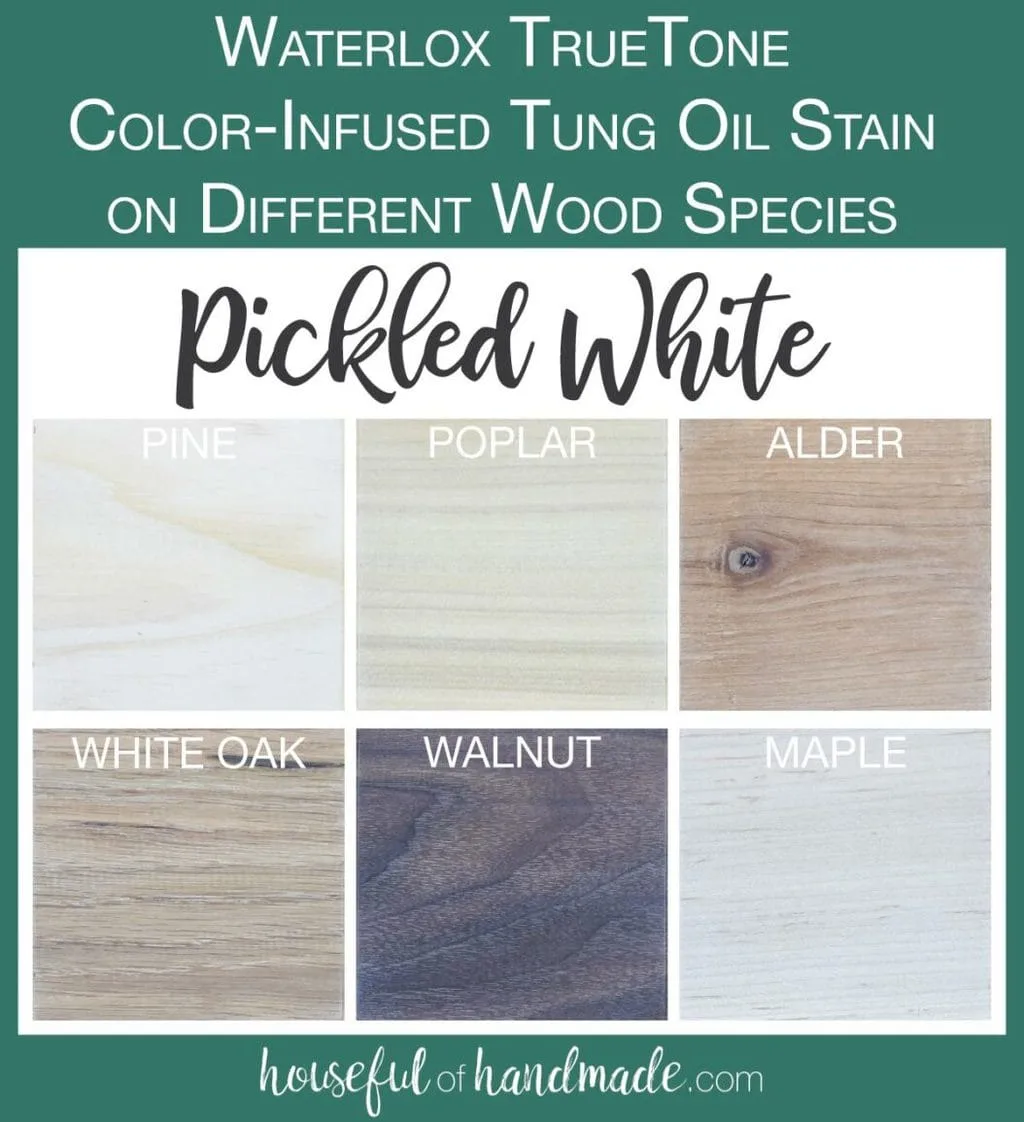 TrueTone color infused tun oil in Pickled White tested on 6 different wood species. 