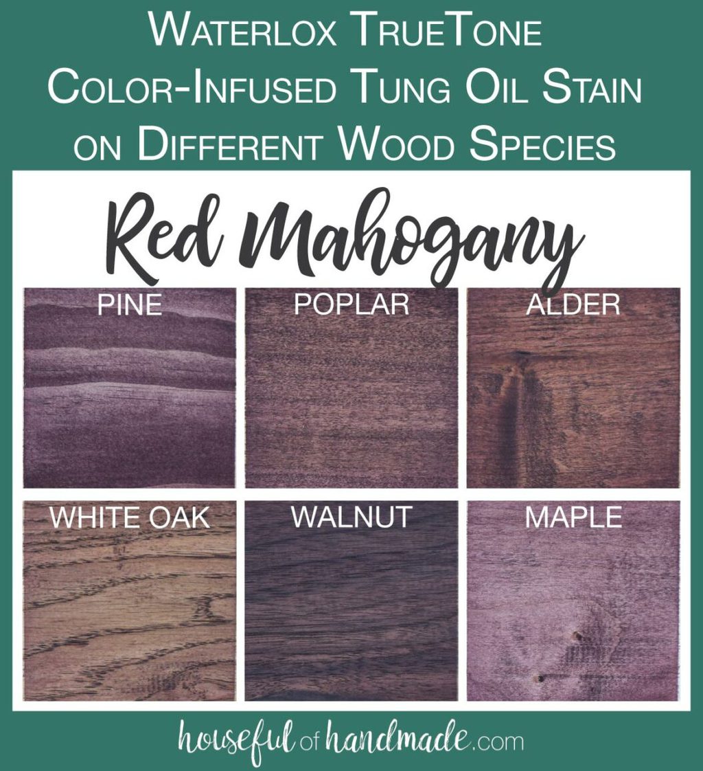 TrueTone color infused tun oil in Red Mahogany tested on 6 different wood species. 