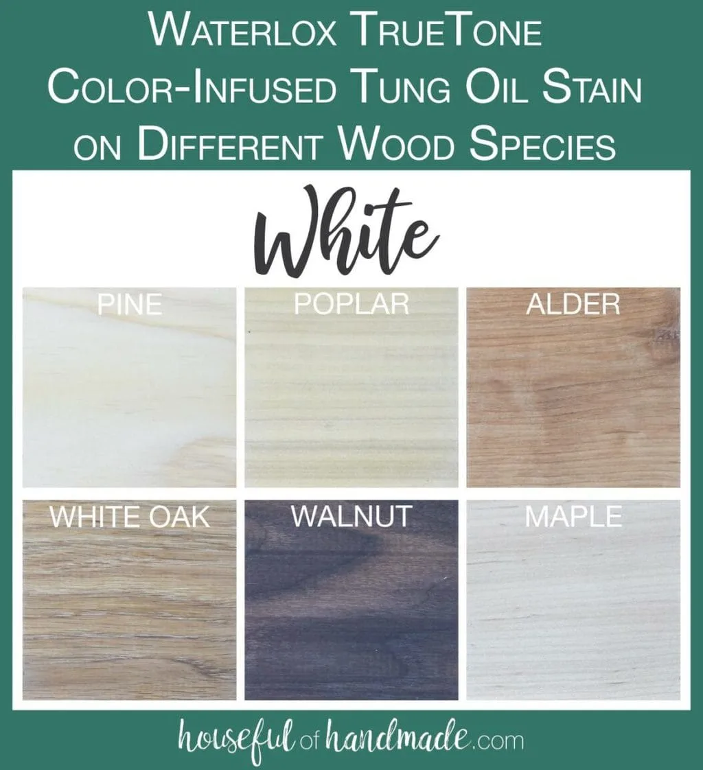 TrueTone color infused tun oil in White tested on 6 different wood species. 
