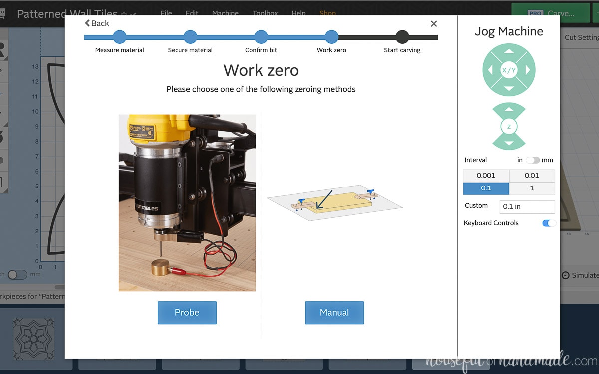 Showing the screen to zero the X-carve in Easel software. 