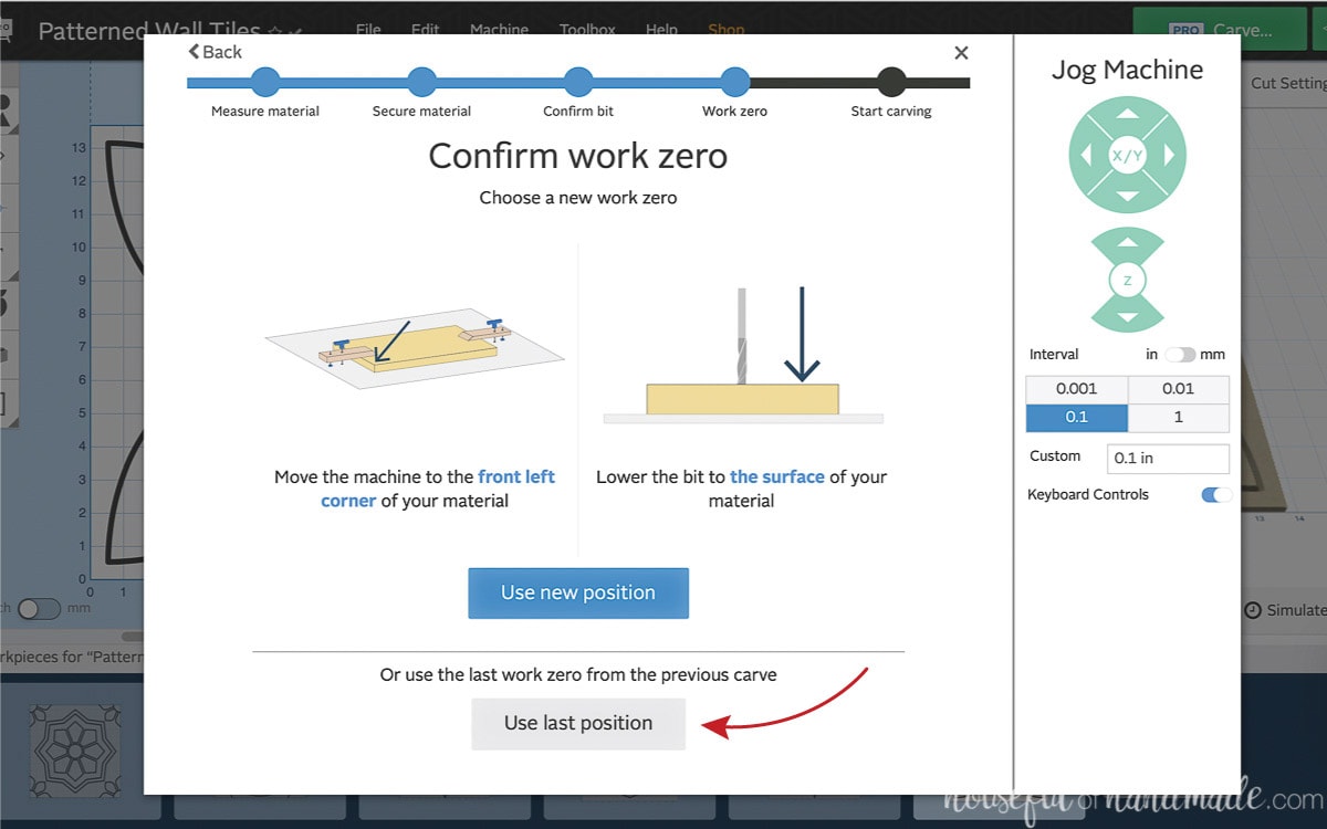 Showing how to use the last position on the confirm zero screen in Easel software. 