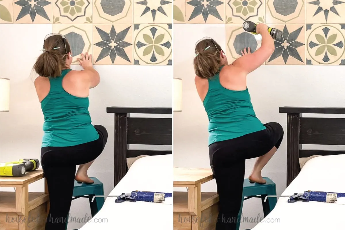 Two pictures showing lining up a tile on the wall and attaching it with a brad nail gun. 