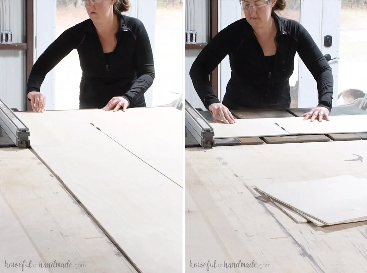 Two pictures showing woman cutting the 1/4" plywood into square tiles on the table saw. 