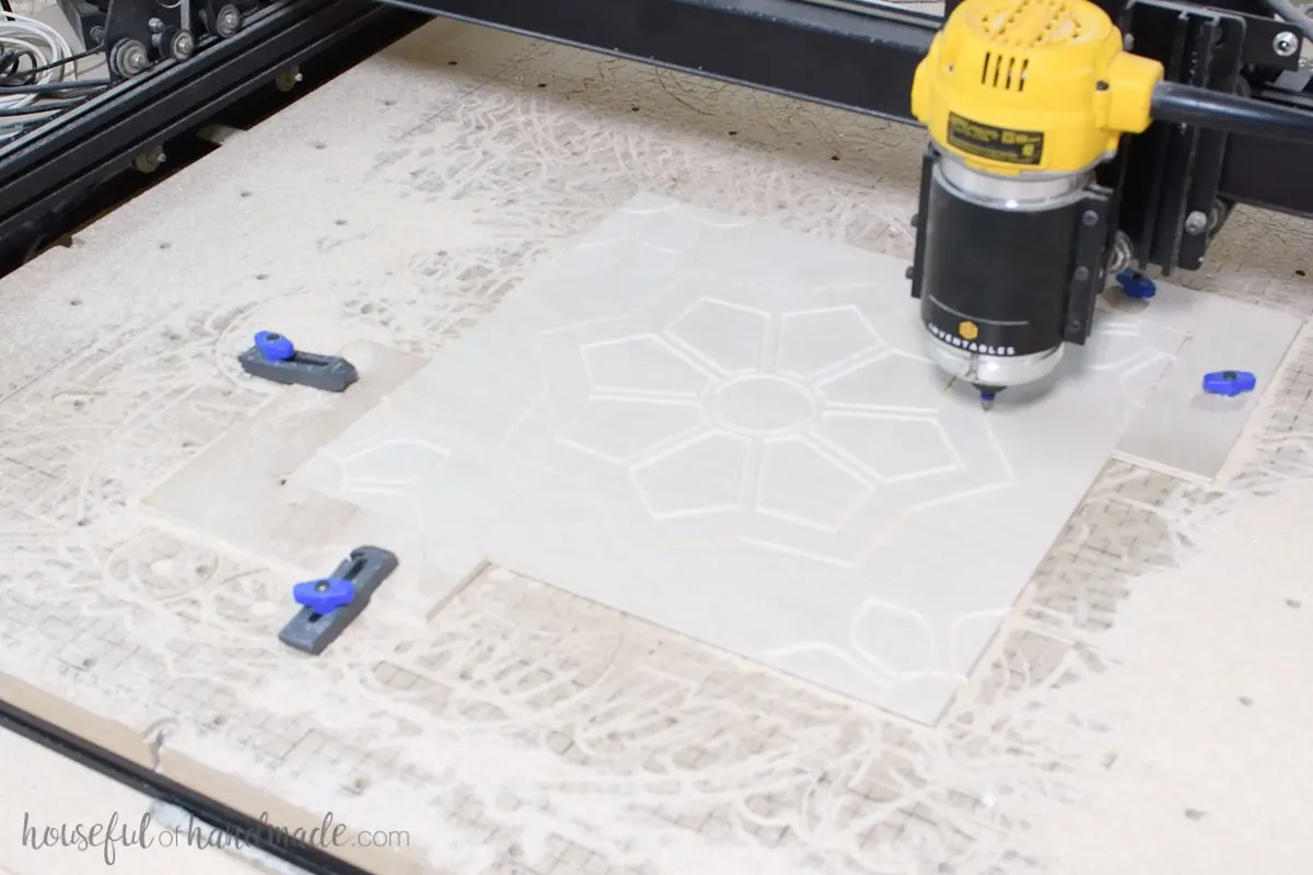 X-carve carving the design for one of the patterned tiles. 