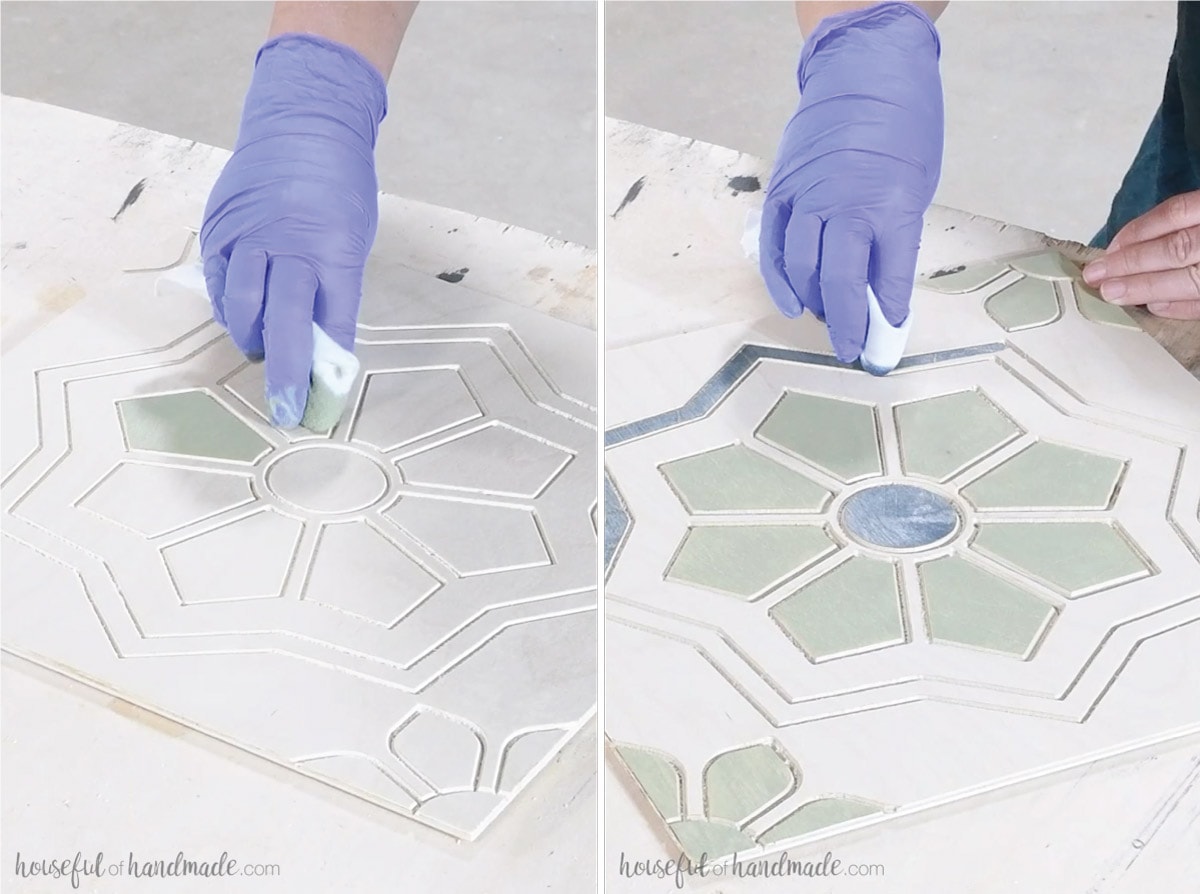 Two pictures showing hand staining of the design on the carved wood tiles. 