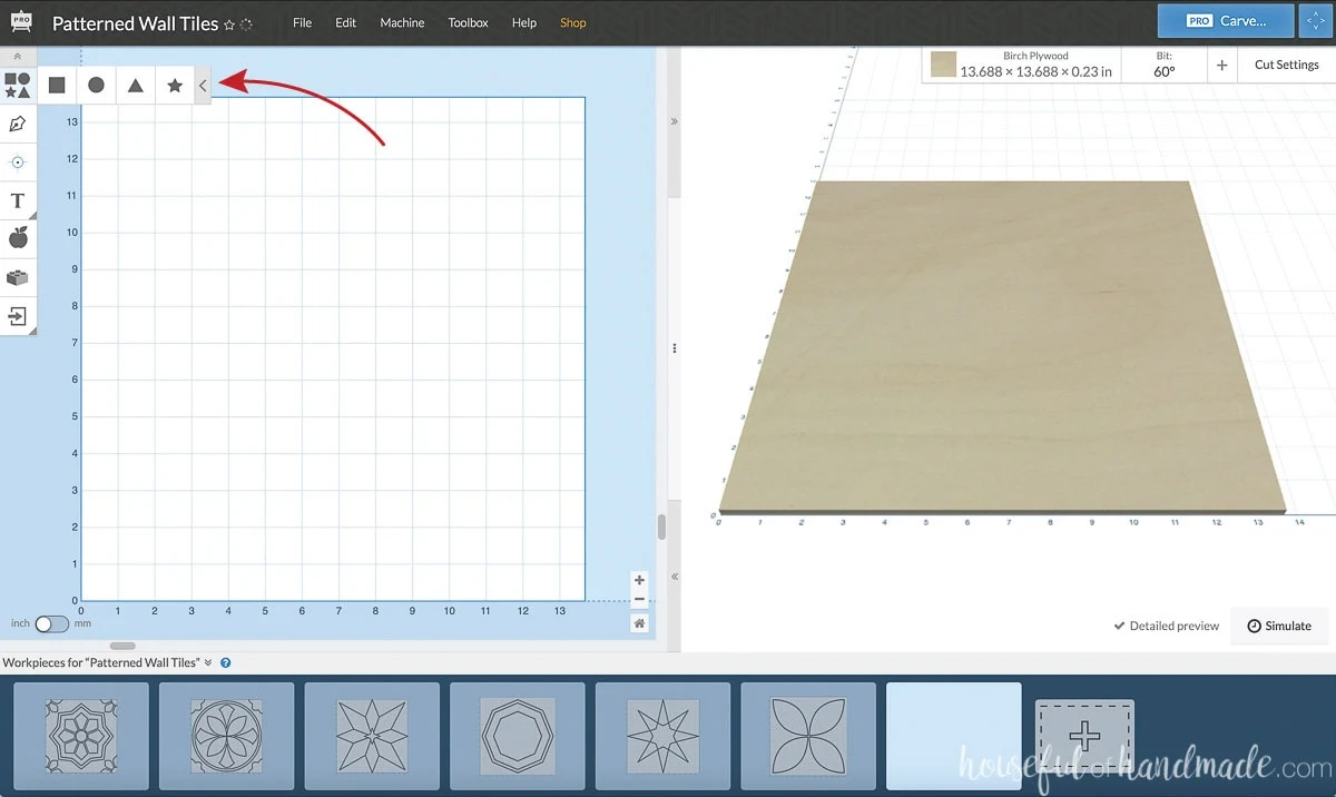 Screenshot of designing in the Easel software with an arrow pointing to the shapes panel.