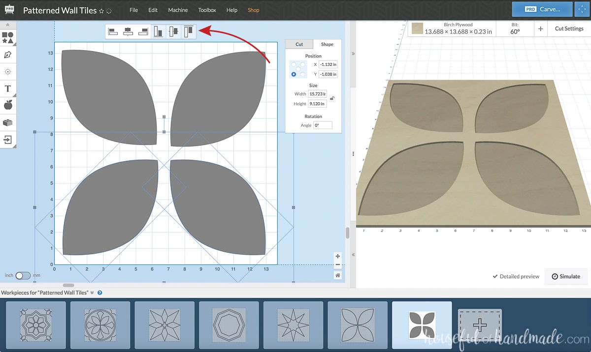 Arrow pointing to the alignment icons in the Easel software. 