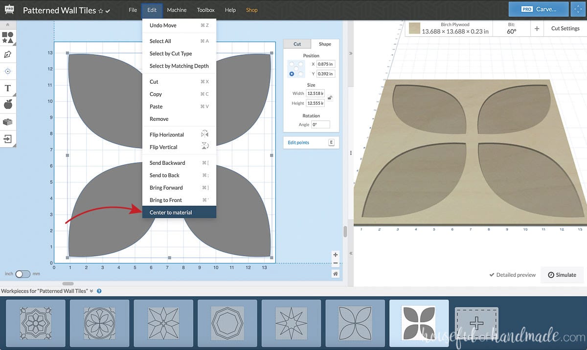 Screenshot showing centering the design on the tile in Easel. 