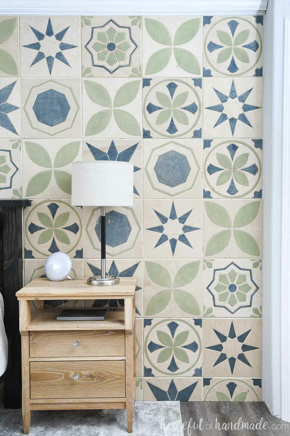 DIY accent wall that looks like patterned cement tiles. 