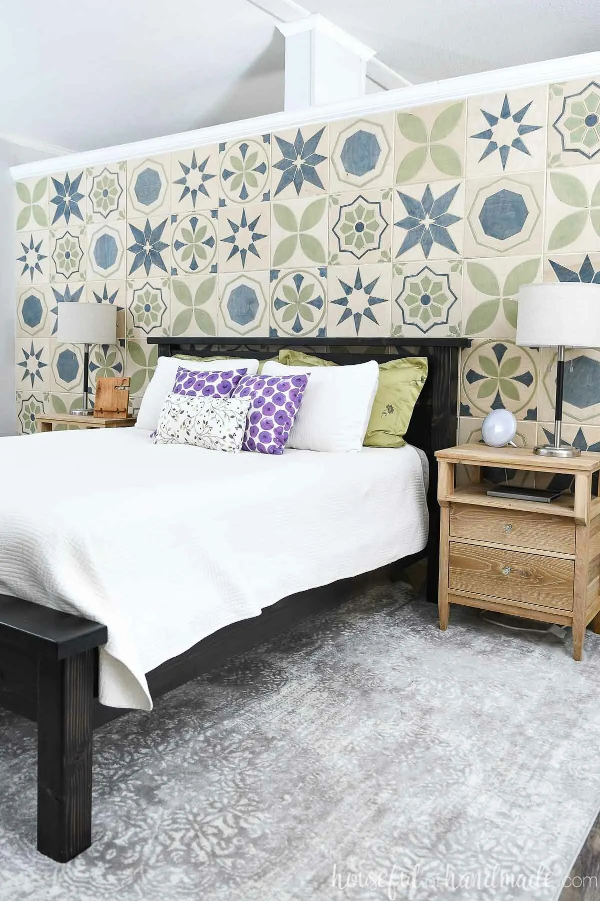 Bedroom accent wall of patterned tiles carved with a CNC machine. 