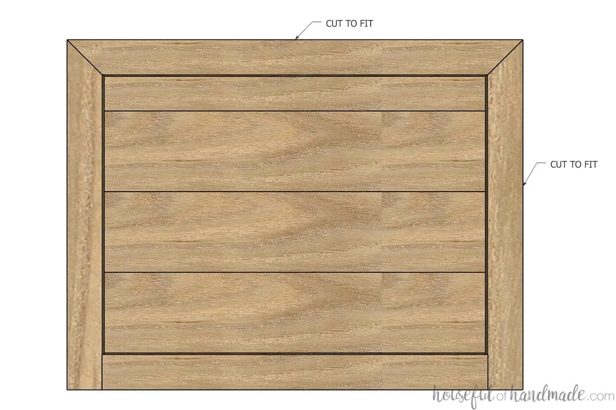 SketchUp drawing of a side of a bench with arrows notifying which boards need to be cut to fit. 