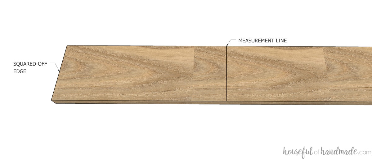 3D drawing of a board with a squared-off edge and a line drawn at the measurement for the cut.