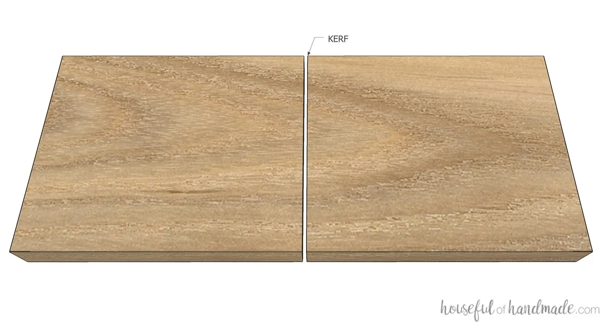 3D SketchUp drawing of a board showing the kerf removed when you make a cut. 