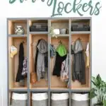 DIY mudroom storage lockers with stuff hanging inside it with text overlay.