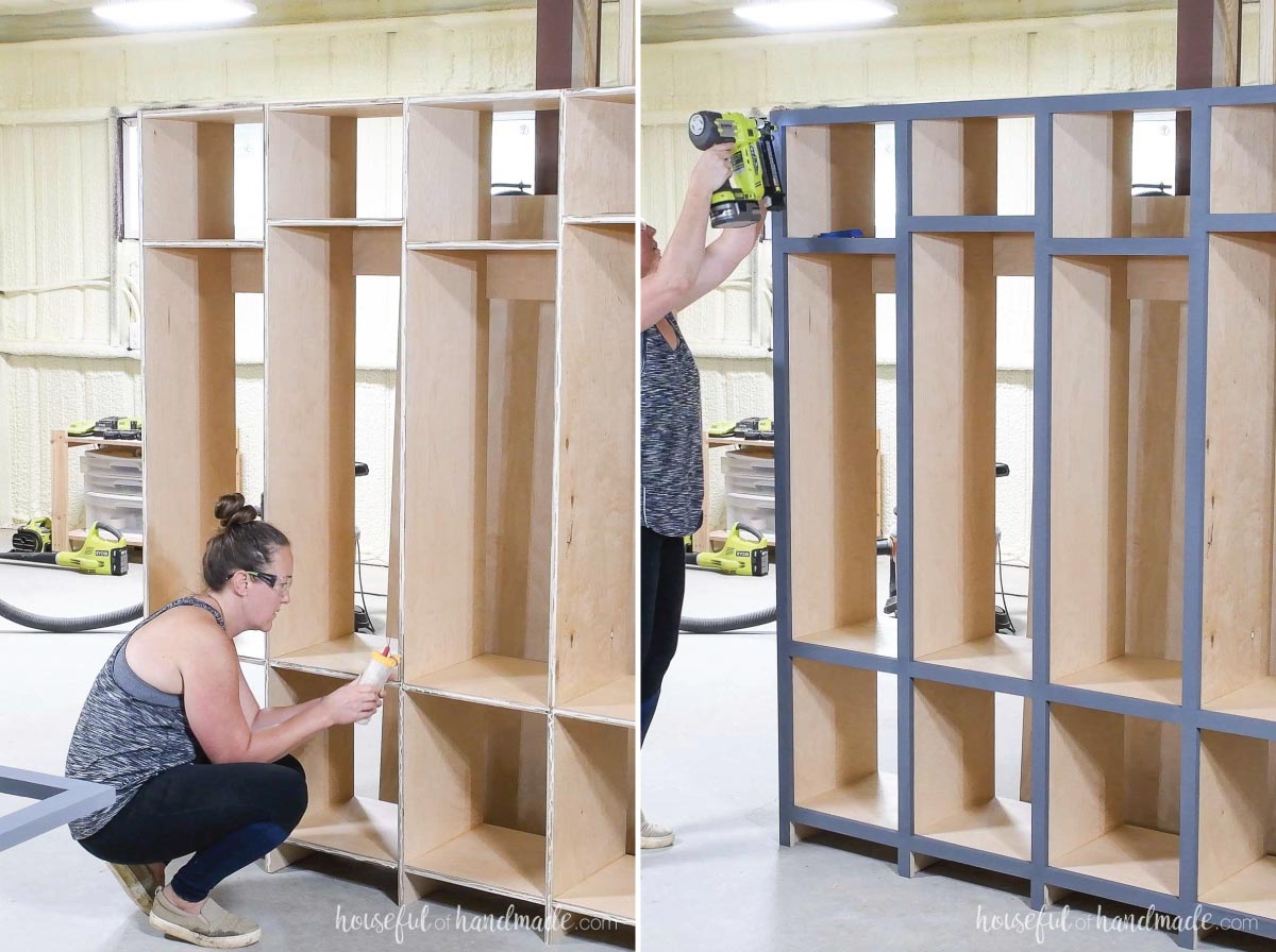 Attaching the face frame to the front of the cabinet with brad nails. 