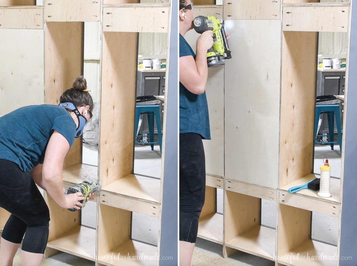 Attaching the back to the center parts of the lockers. 