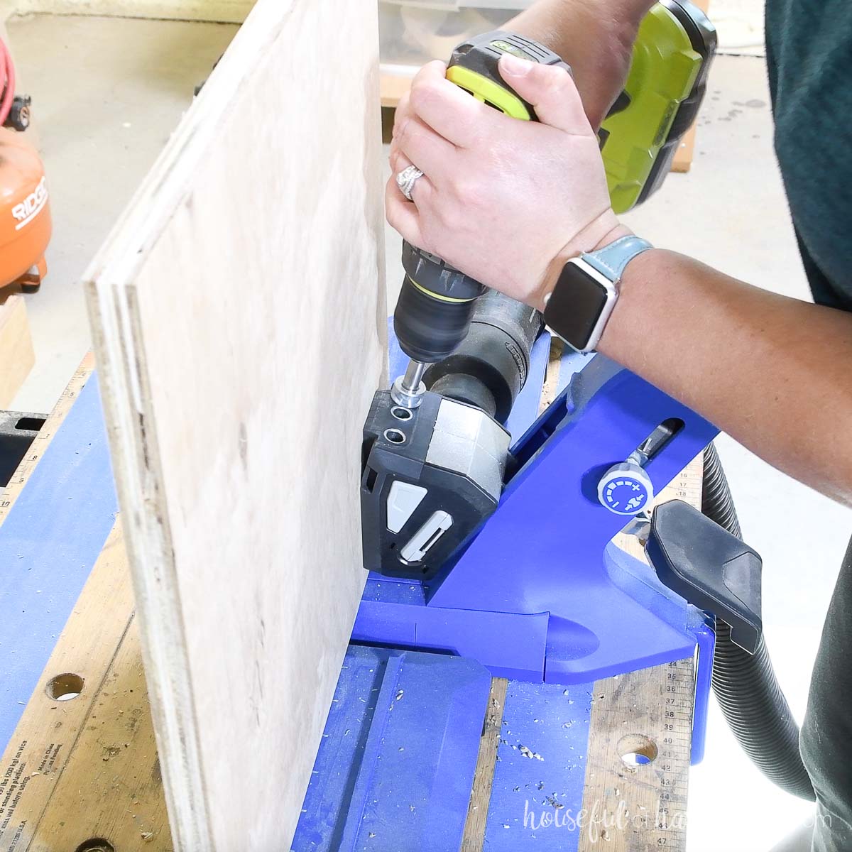 Drilling pocket holes with the Kreg 720Pro jig.