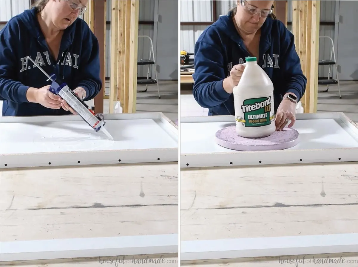 Attaching the foam circle to the vanity top form with silicone and weighing it down with a gallon of wood glue.