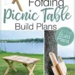 3D Sketch of the folding picnic table and two pictures of the completed table: one with it set up and one with it folded, with text overlay: Folding picnic table build plans.