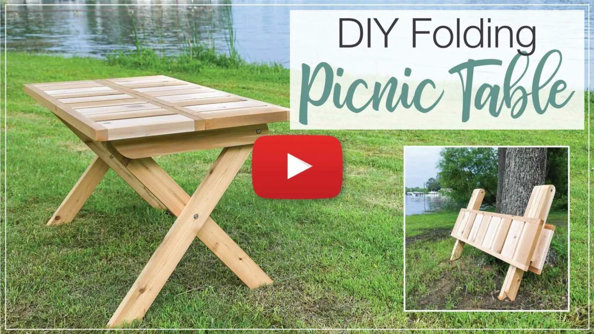 YouTube thumbnail for DIY folding picnic table with a red play button on the top. 