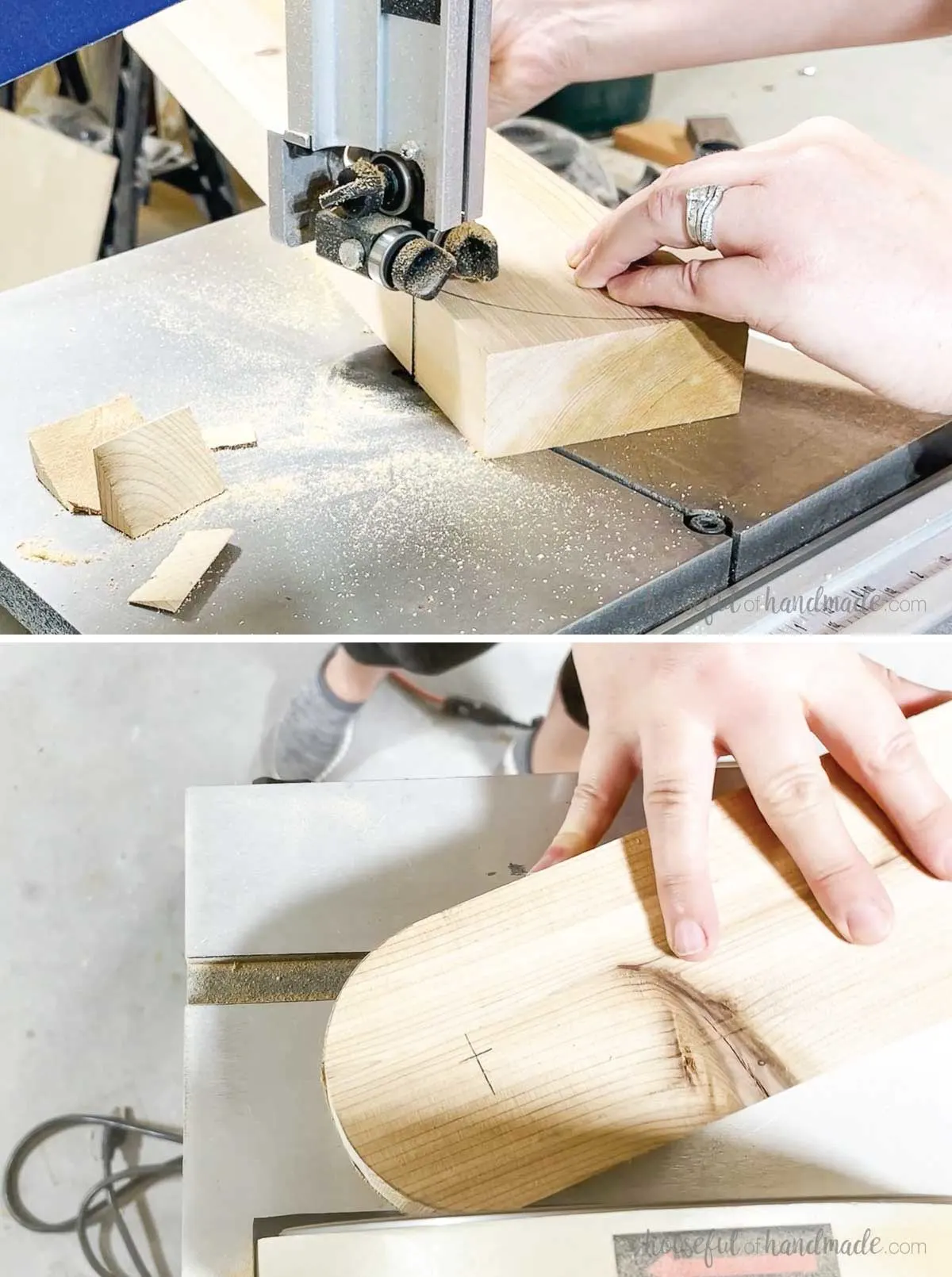 Cutting curves in the leg pieces and rounding them with a sander. 