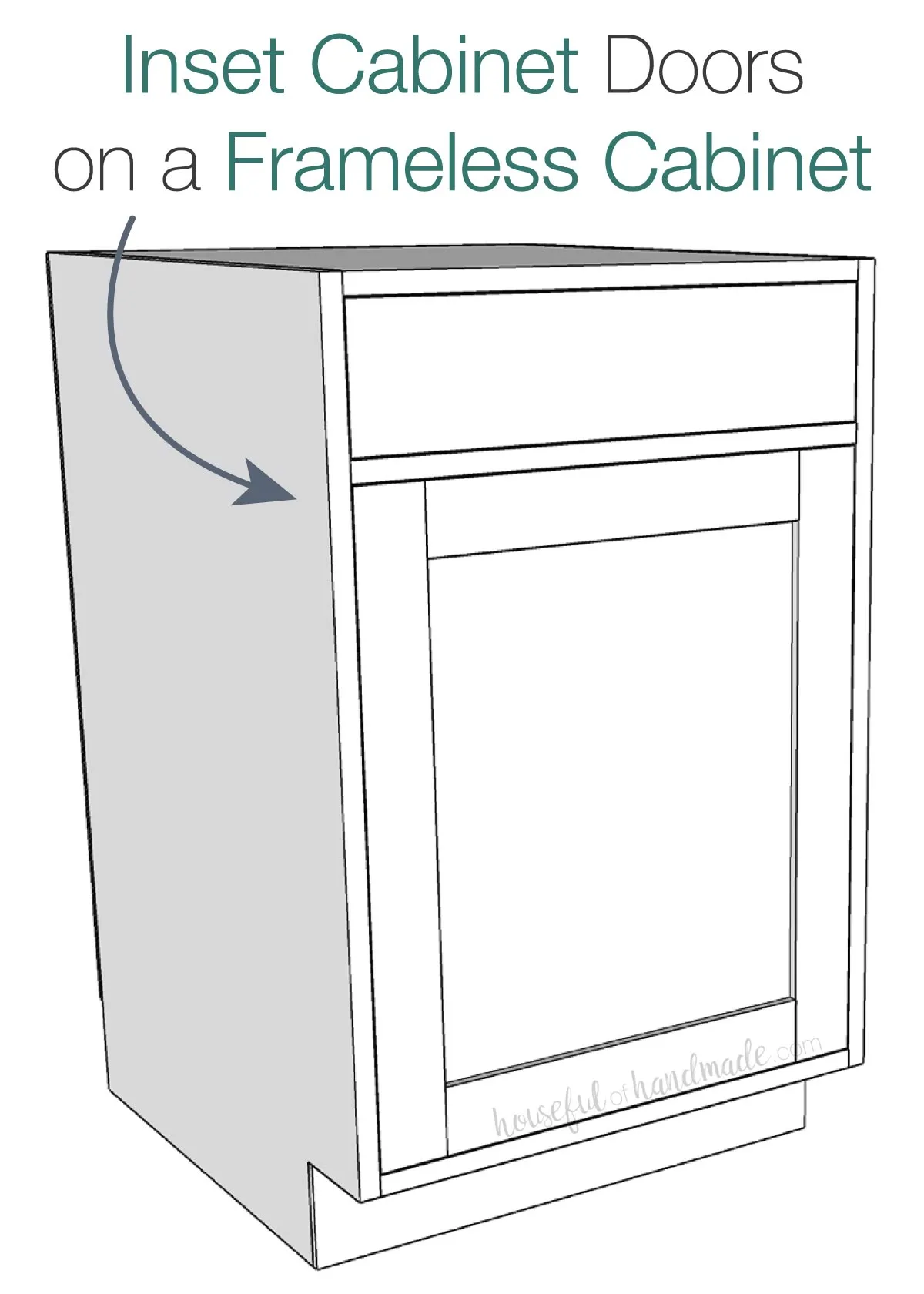 3D sketch of inset cabinet doors on a base cabinet with a drawer on top. 