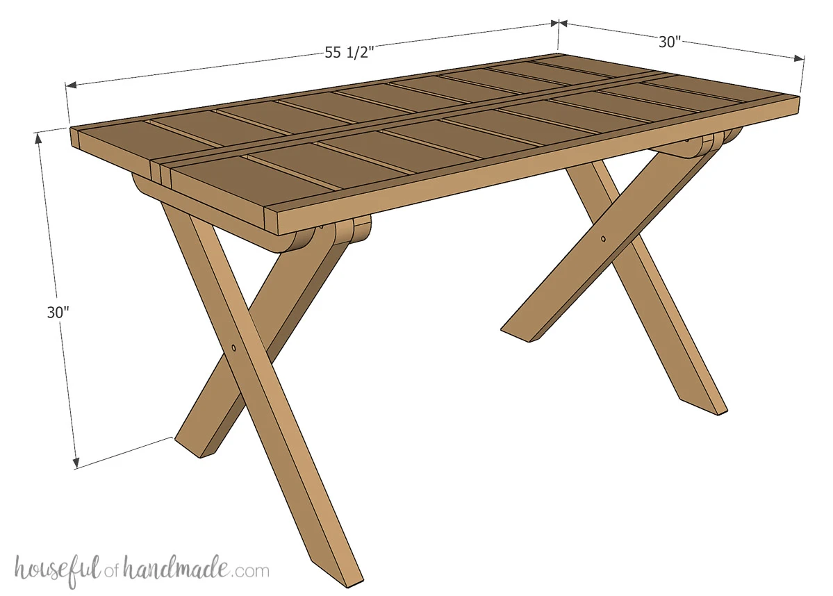 3D sketch of the folding picnic table build plans with final dimensions noted.