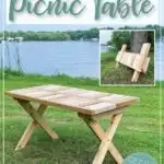 Wooden picnic table on the grass with small picture of the table folded up in the corner and text DIY Folding Picnic Table on it.
